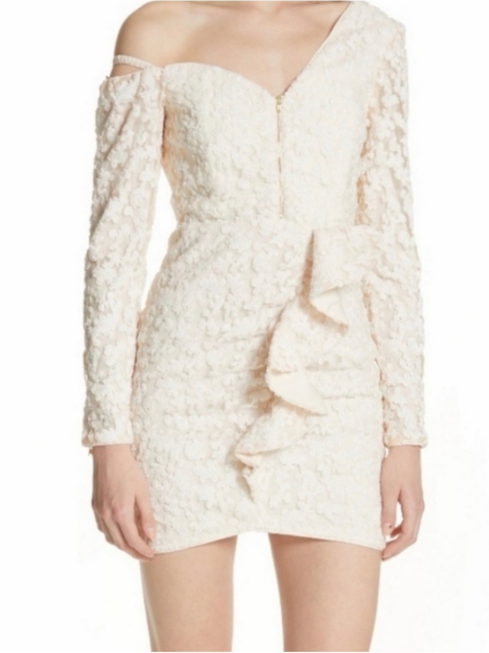 Self-Portrait One-Shoulder Cream Textured Ruffle Mini Dress